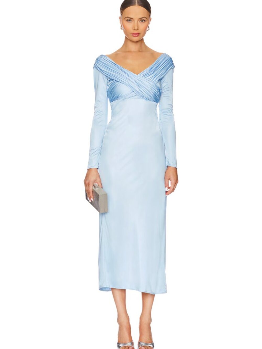 Alejandra Alonso Rojas Long Sleeve Draped Jersey Midi Dress in Sky Blue Formal